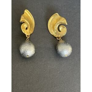 Vintage Matte Swirl Drop Earrings Pierced Gold Tone Silver Faux Pearl Cocktail